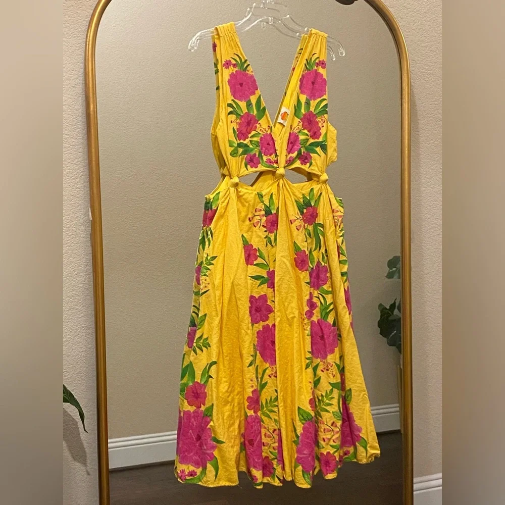 FARM Rio Romantic Garden Yellow Pink Plunge Midi Dress Size M - Picture 7 of 13